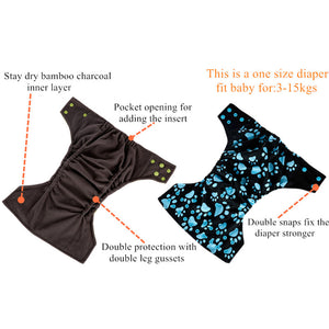 3 Pack Reusable Waterproof Bamboo Charcoal One Size Pocket Cloth Diaper Insert Set